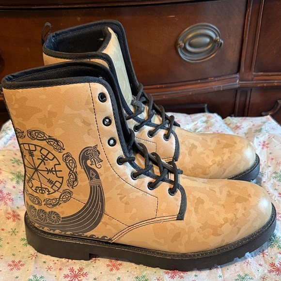 Shoes - Unisex vegan leather combat boots Viking longship Vegvisir symbol design Beige